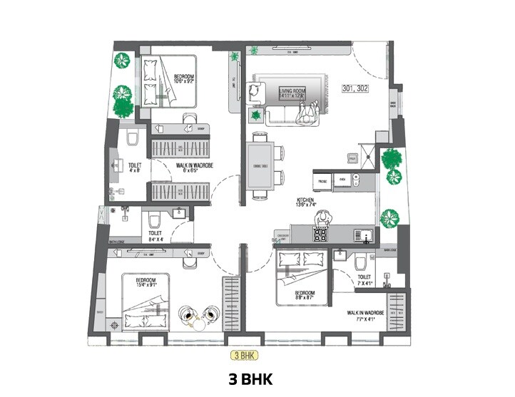 3 BHK 888 Sq. Ft. Apartment
