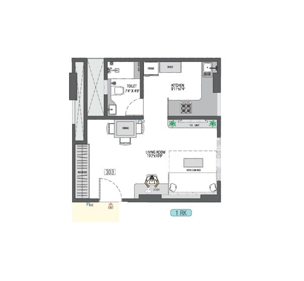 Floor plan of 320 Sq. Ft. Studio in Ambalal Heera Mansion, Pune