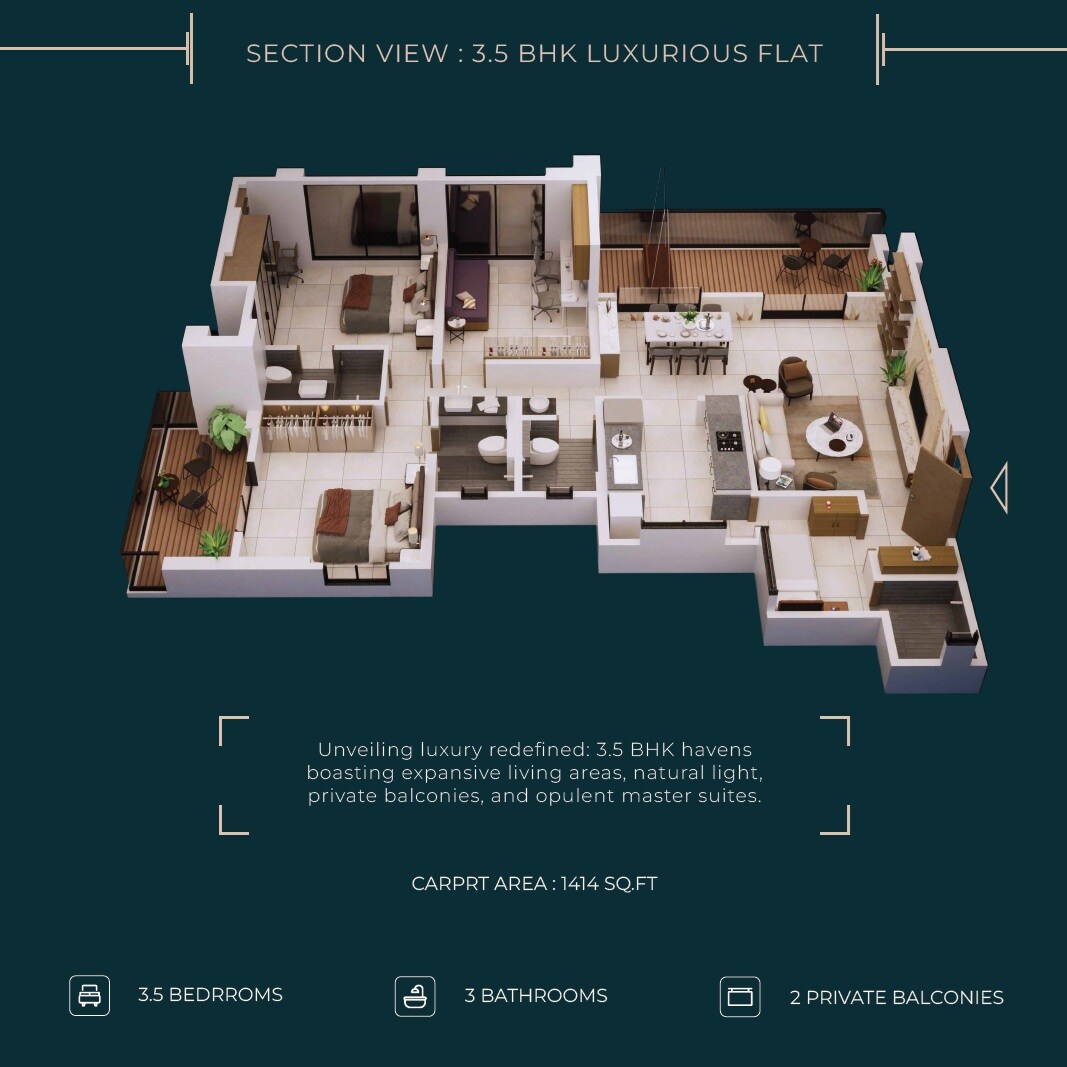 Floor plan of 3 BHK 1414 Sq. Ft. Apartment in Ambar Zenith, Pune