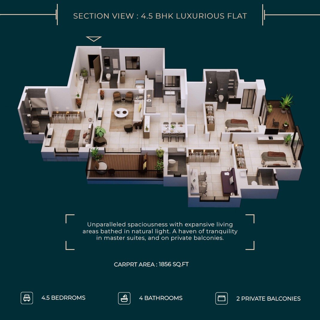 Floor plan of 4 BHK 1828 Sq. Ft. Apartment in Ambar Zenith, Pune
