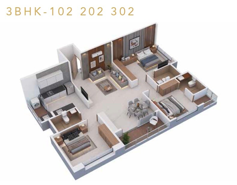 Floor plan of 3 BHK 1075 Sq. Ft. Apartment in Ambika Avaneesh, Pune
