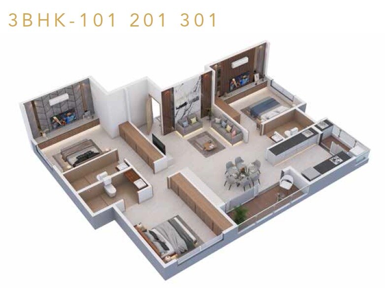 Floor plan of 3 BHK 1085 Sq. Ft. Apartment in Ambika Avaneesh, Pune