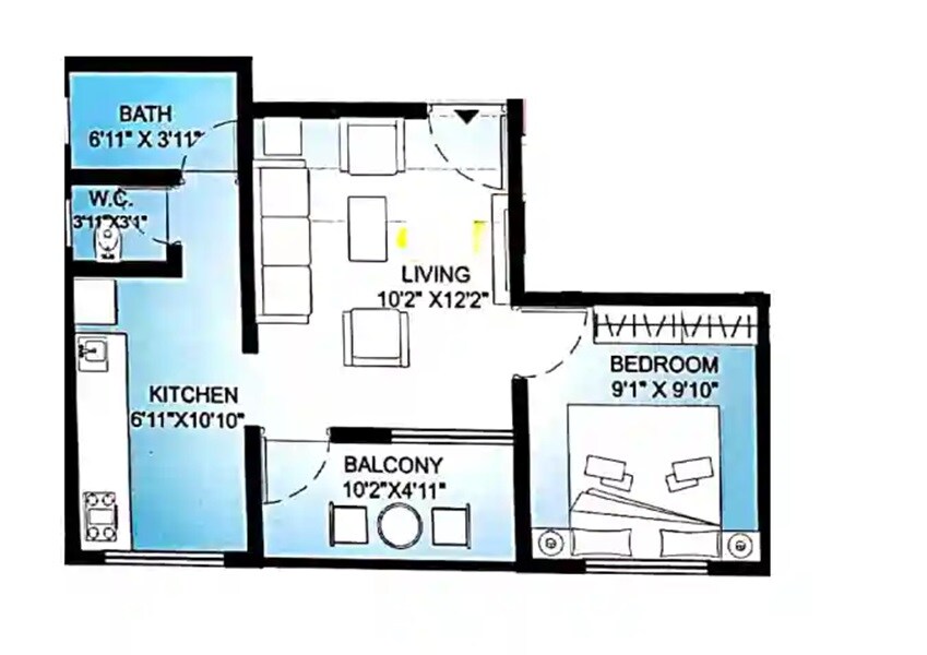 Floor plan of 1 BHK 392 Sq. Ft. Apartment in Amcon Orchids, Pune