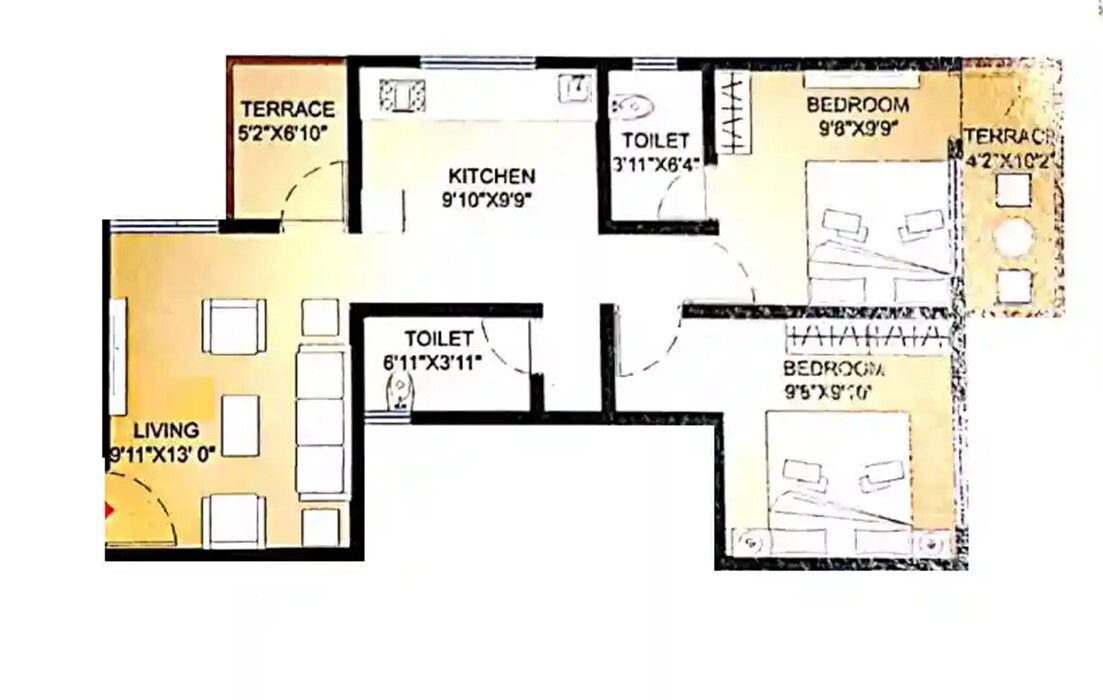 Floor plan of 2 BHK 580 Sq. Ft. Apartment in Amcon Orchids, Pune