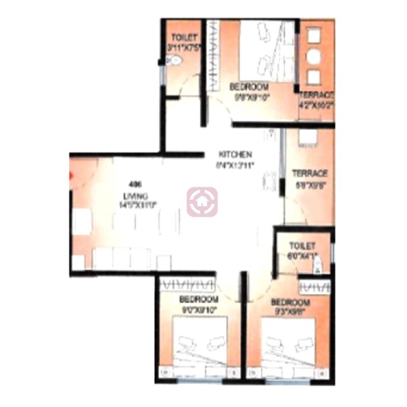 Floor plan of 3 BHK 745 Sq. Ft. Apartment in Amcon Orchids, Pune