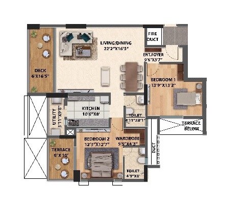 Floor plan of 2 BHK 1070 Sq. Ft. Apartment in Spectrum Vertillas, Pune