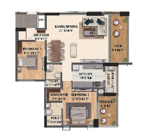 Floor plan of 2 BHK 1112 Sq. Ft. Apartment in Spectrum Vertillas, Pune