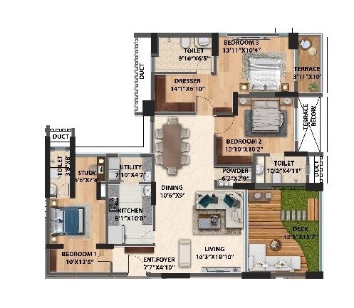 Floor plan of 3 BHK 1555 Sq. Ft. Apartment in Spectrum Vertillas, Pune
