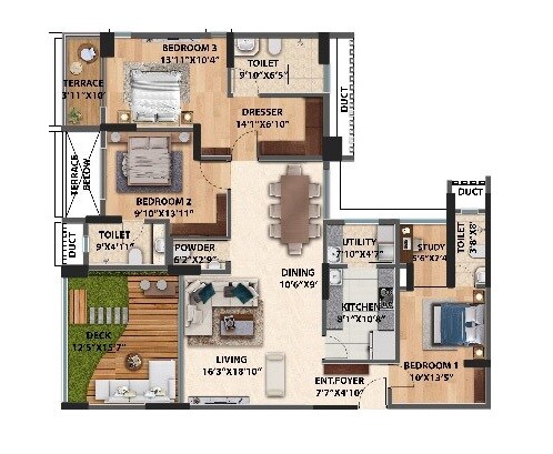 Floor plan of 3 BHK 1557 Sq. Ft. Apartment in Spectrum Vertillas, Pune