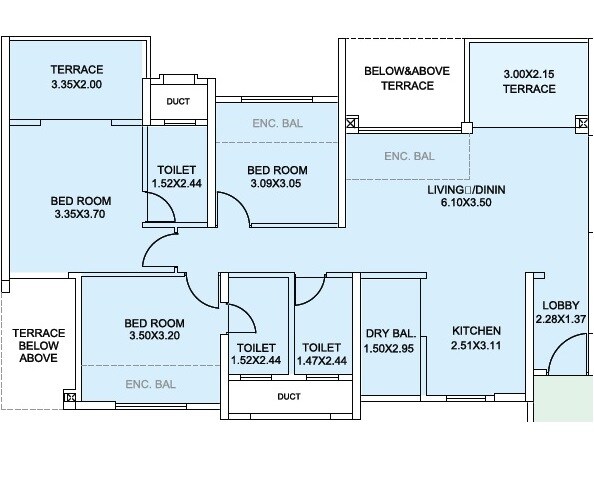 Floor plan of 3 BHK 835 Sq. Ft. Apartment in Amit Astonia Royale, Pune