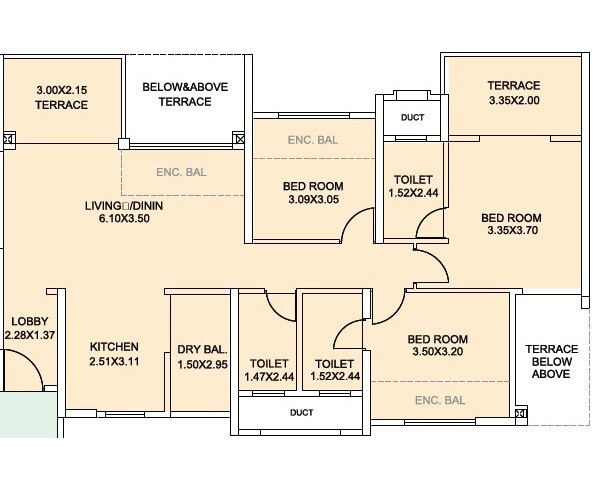Floor plan of 3 BHK 847 Sq. Ft. Apartment in Amit Astonia Royale, Pune