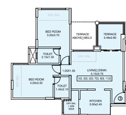 Floor plan of 2 BHK 807 Sq. Ft. Apartment in Amit Colori Homes, Pune