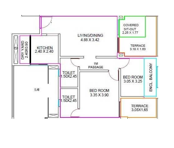 Floor plan of 2 BHK 574 Sq. Ft. Apartment in Amit Ved Vihar Phase 2, Pune