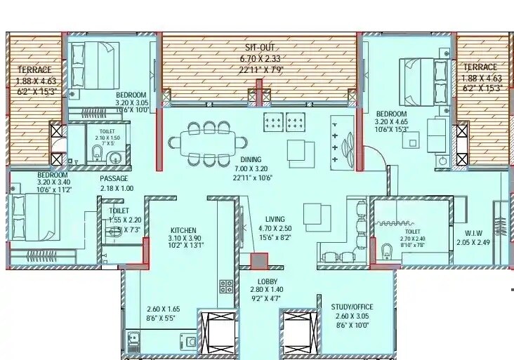 Floor plan of 3 BHK 1480 Sq. Ft. Apartment in Amit Ved Vihar Phase 2, Pune