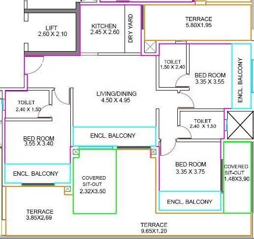 Floor plan of 3 BHK 822 Sq. Ft. Apartment in Amit Ved Vihar Phase 2, Pune