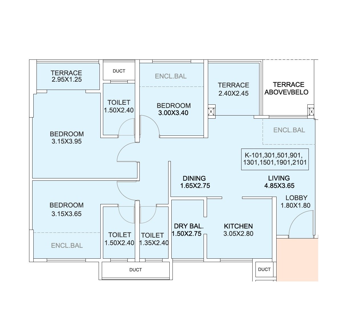 Floor plan of 3 BHK 1100 Sq. Ft. Apartment in Amits Bloomfield, Pune