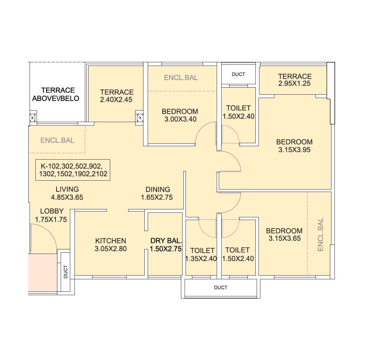 Floor plan of 3 BHK 1200 Sq. Ft. Apartment in Amits Bloomfield, Pune