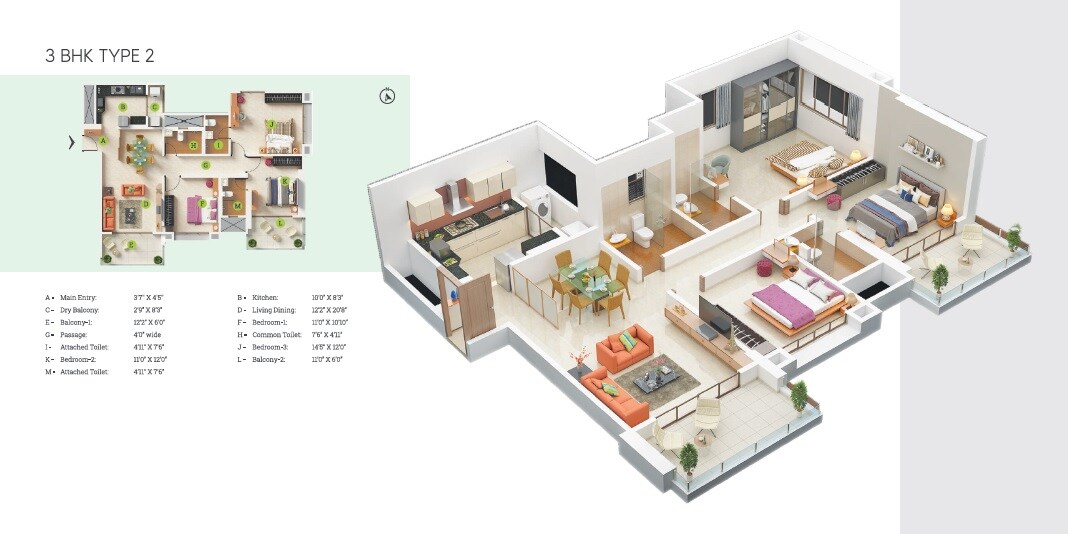 Floor plan of 3 BHK 1177 Sq. Ft. Apartment in AMJ Greens Oak, Pune