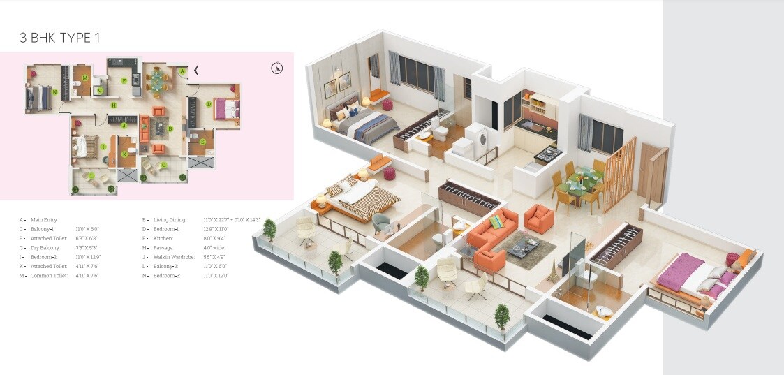 Floor plan of 3 BHK 1184 Sq. Ft. Apartment in AMJ Greens Oak, Pune
