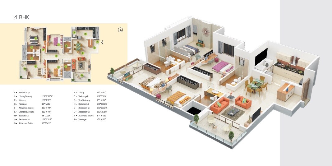 Floor plan of 4 BHK 1369 Sq. Ft. Apartment in AMJ Greens Oak, Pune