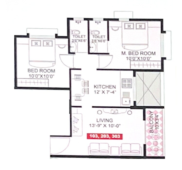 Floor plan of 2 BHK 558 Sq. Ft. Apartment in Amogh Apartments, Pune