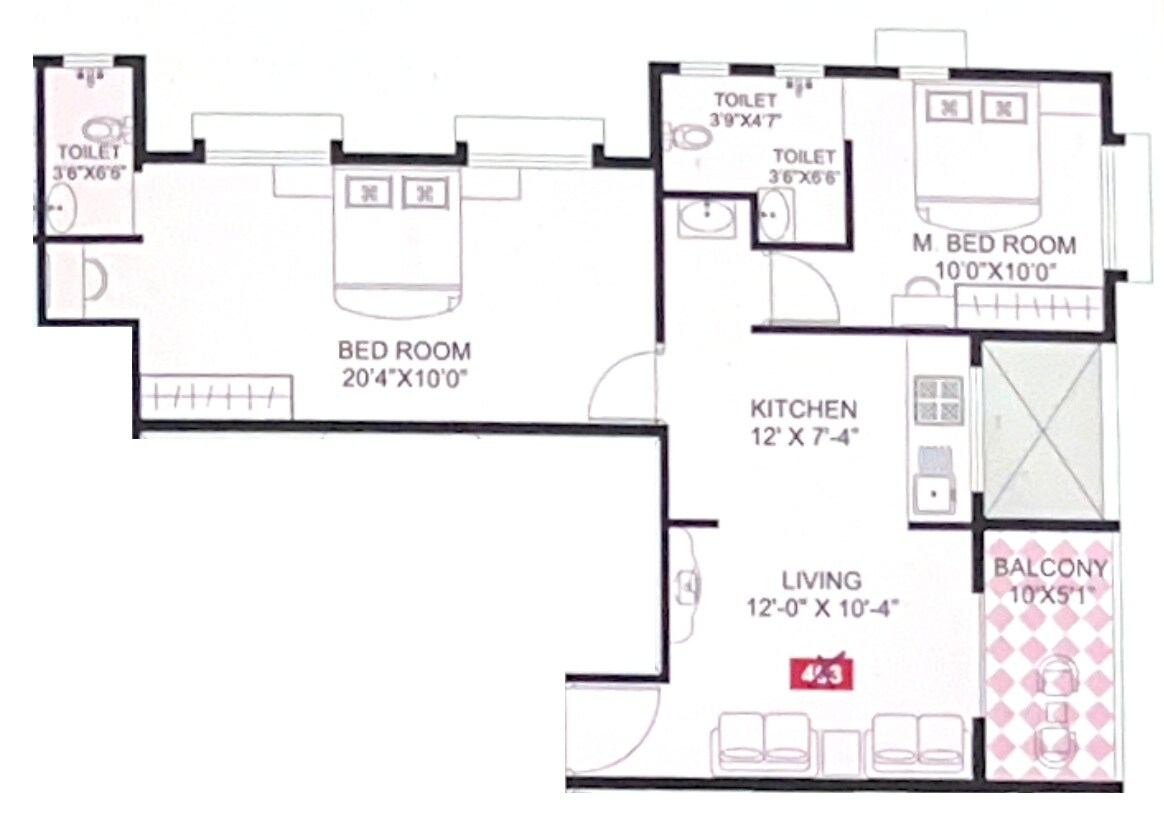 Floor plan of 2 BHK 700 Sq. Ft. Apartment in Amogh Apartments, Pune