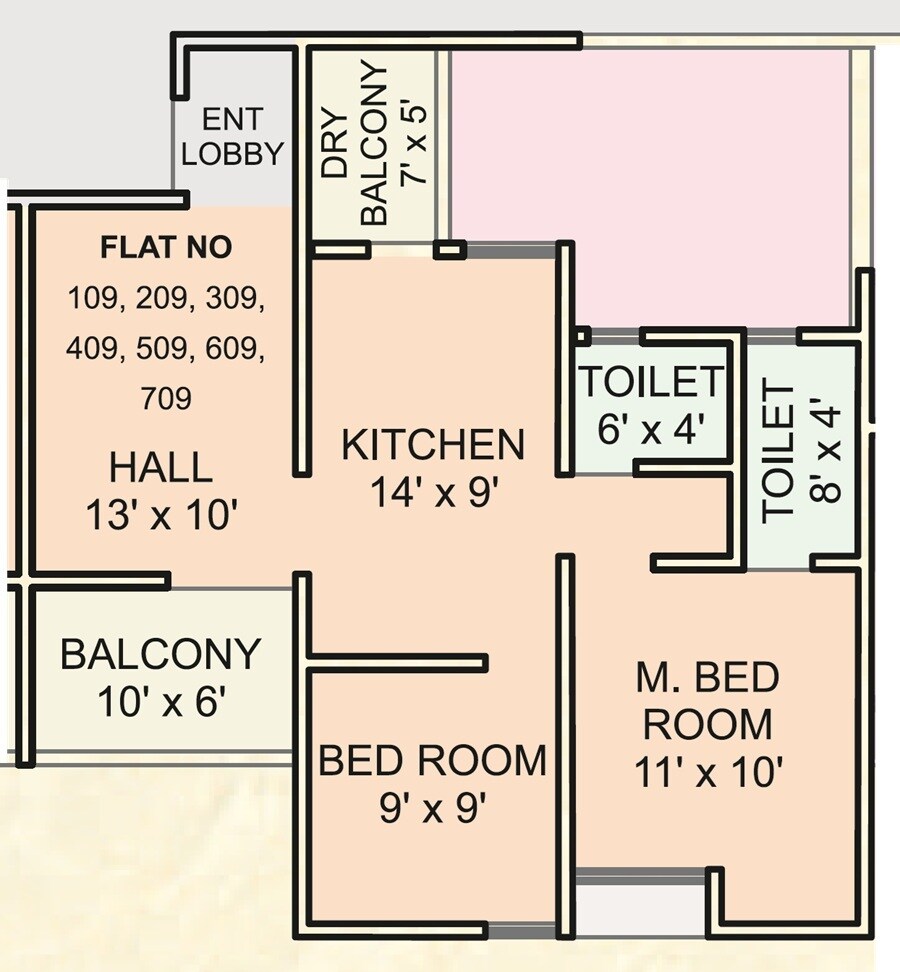Floor plan of 2 BHK 637 Sq. Ft. Apartment in Amruta Vihar Apartments, Pune