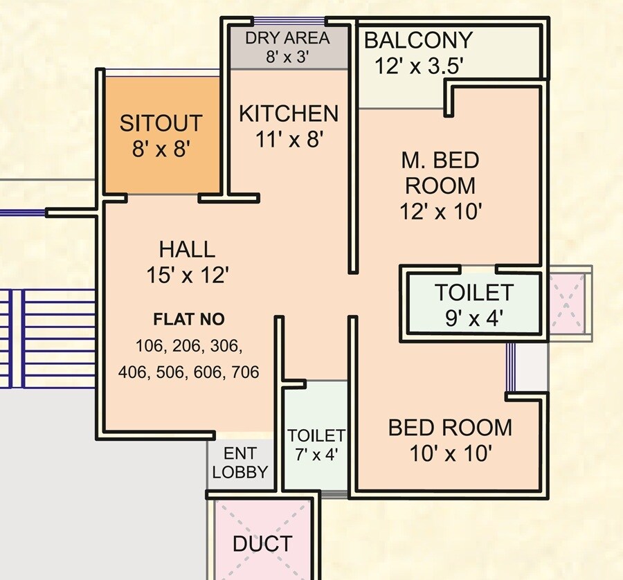 Floor plan of 2 BHK 821 Sq. Ft. Apartment in Amruta Vihar Apartments, Pune