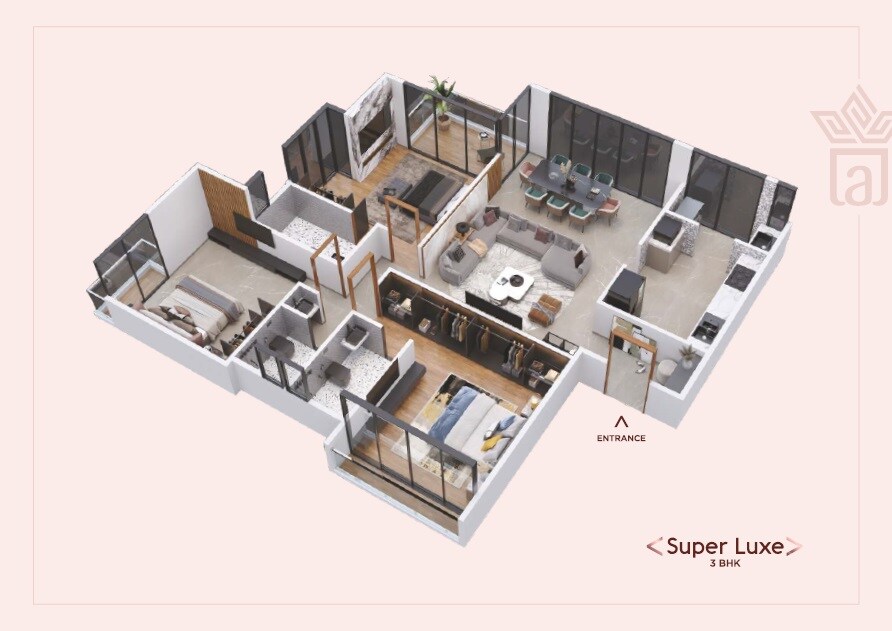 Floor plan of 3 BHK 1224 Sq. Ft. Apartment in Amrutakunj CHS, Pune