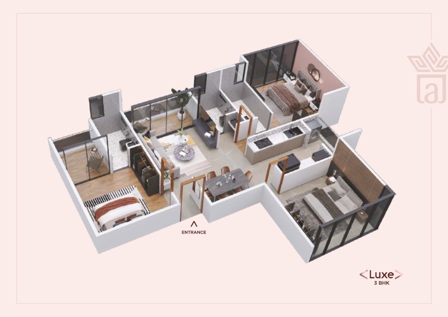 Floor plan of 3 BHK 975 Sq. Ft. Apartment in Amrutakunj CHS, Pune
