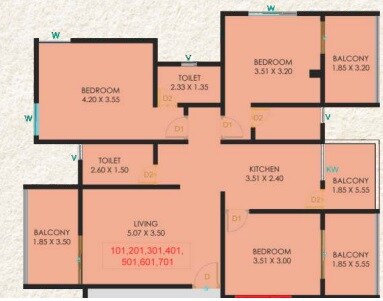 Floor plan of 3 BHK 1187 Sq. Ft. Apartment in Anand Sarika, Pune