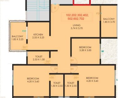 Floor plan of 3 BHK 1325 Sq. Ft. Apartment in Anand Sarika, Pune