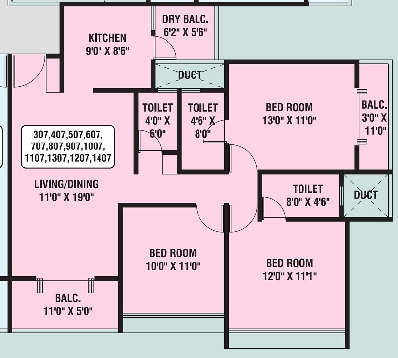Floor plan of 3 BHK 1036 Sq. Ft. Apartment in Anand Siddhigiri, Pune