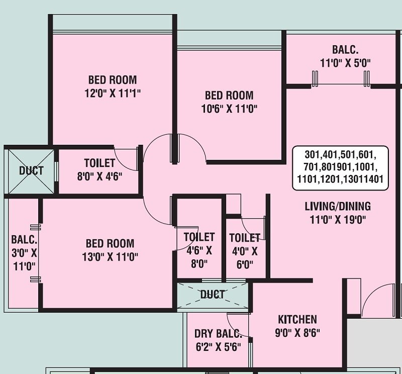 Floor plan of 3 BHK 1044 Sq. Ft. Apartment in Anand Siddhigiri, Pune
