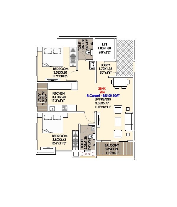 2 BHK 855 Sq. Ft. Apartment