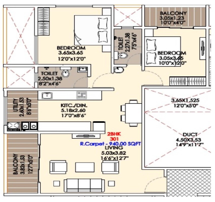 2 BHK 940 Sq. Ft. Apartment