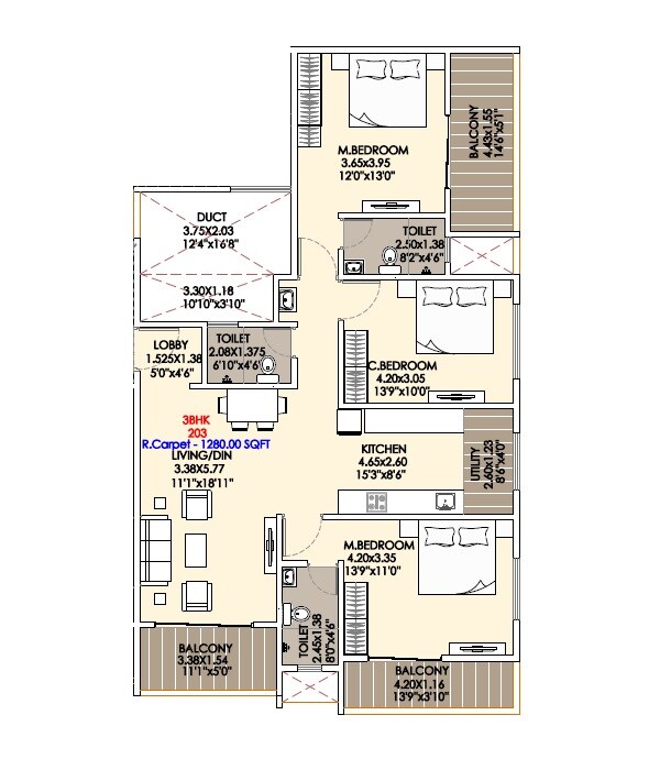 3 BHK 1280 Sq. Ft. Apartment
