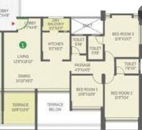 Floor plan of 3 BHK 1977 Sq. Ft. Apartment in Anand The Turf, Pune