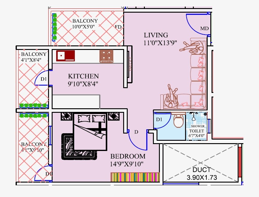 Floor plan of 1 BHK 411 Sq. Ft. Apartment in Anand Vrindavan, Pune