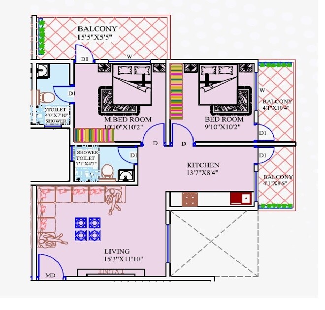 Floor plan of 2 BHK 723 Sq. Ft. Apartment in Anand Vrindavan, Pune