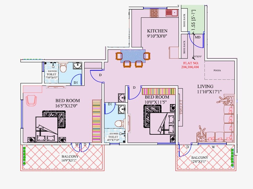 Floor plan of 2 BHK 991 Sq. Ft. Apartment in Anand Vrindavan, Pune