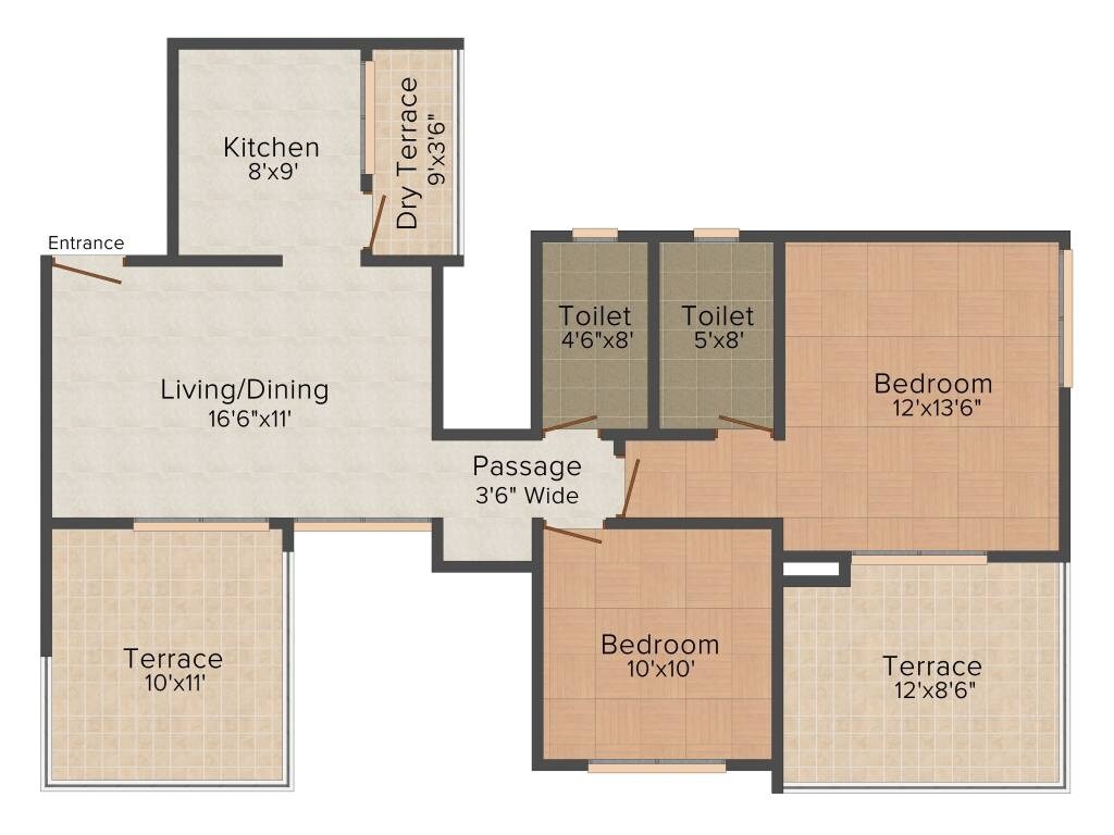 Floor plan of 2 BHK 1036 Sq. Ft. Apartment in Anandtara Olive Orchard, Pune