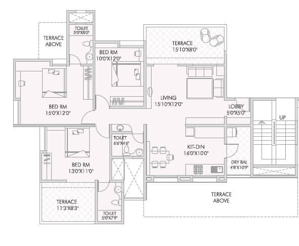 Floor plan of 3 BHK 821 Sq. Ft. Apartment in Anandtara Silicon Bay, Pune