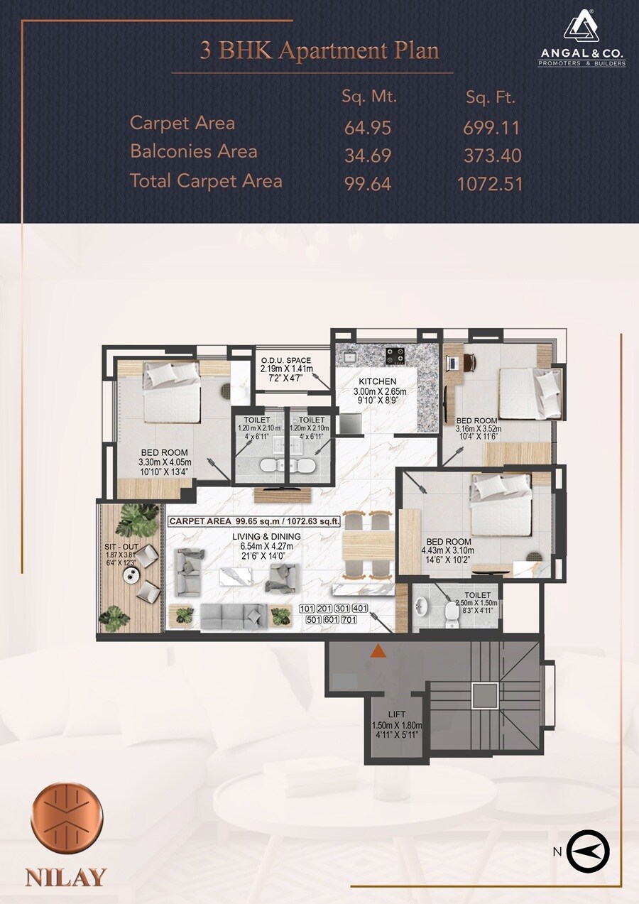 Floor plan of 3 BHK 1072 Sq. Ft. Apartment in Angal Nilay, Pune