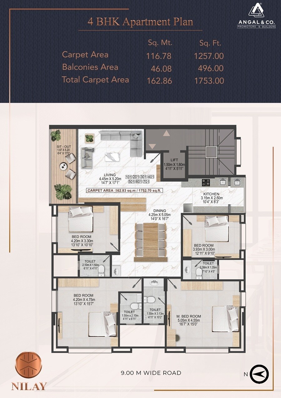 Floor plan of 4 BHK 1753 Sq. Ft. Apartment in Angal Nilay, Pune