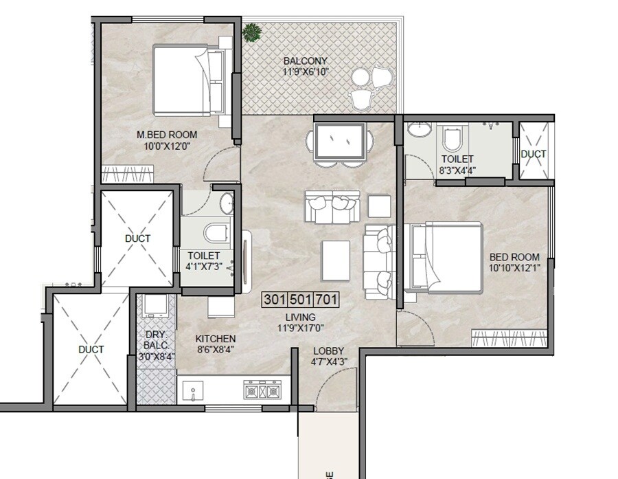 Floor plan of 2 BHK 605 Sq. Ft. Apartment in Anika Gokul Niwas, Pune