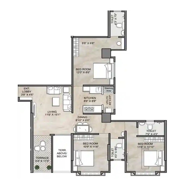 Floor plan of 3 BHK 1000 Sq. Ft. Apartment in Anika Piccadilly, Pune