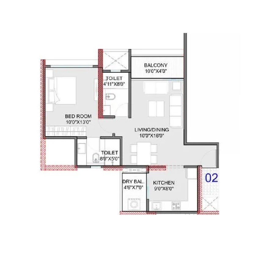 Floor plan of 1 BHK 596 Sq. Ft. Apartment in ANP Autograph, Pune