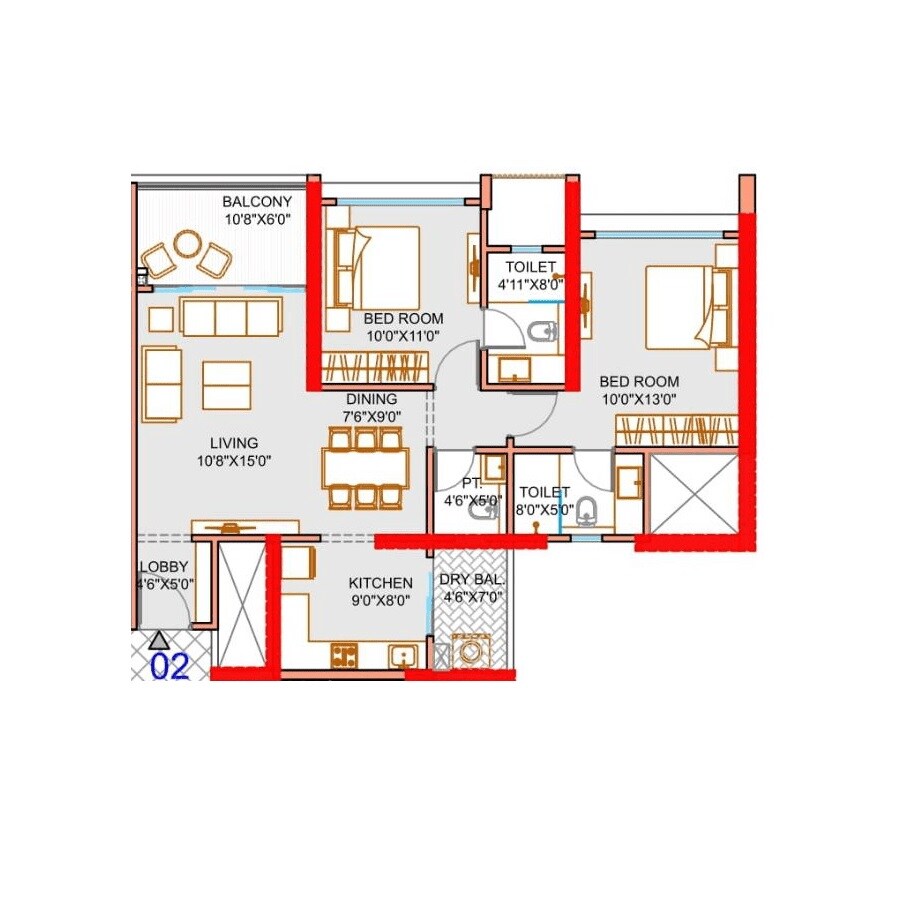 Floor plan of 2 BHK 846 Sq. Ft. Apartment in ANP Autograph, Pune