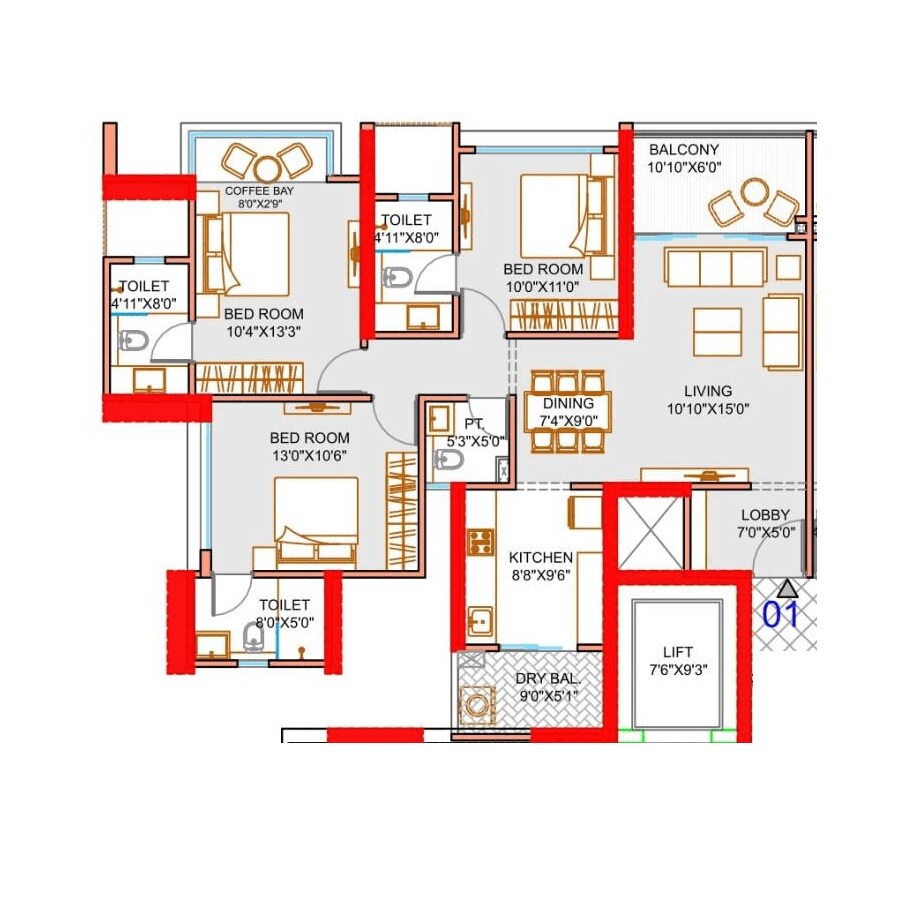 Floor plan of 3 BHK 1108 Sq. Ft. Apartment in ANP Autograph, Pune